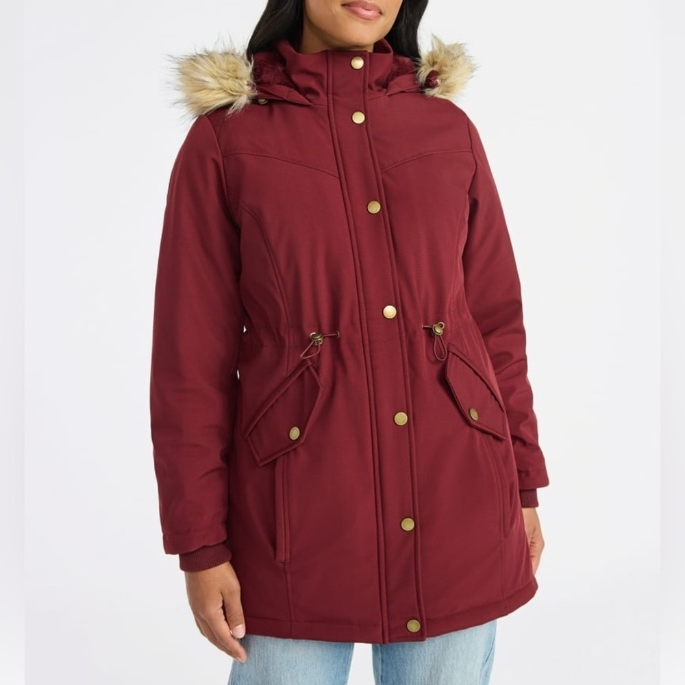 Time and Tru Women's Maroon Utility Jacket with Faux Fur Hood